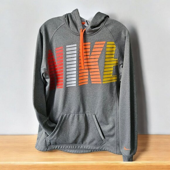 Nike Therma Fit Hoodie Womens M Big Spell Out Drawstring Gym Run Colorful Thumb - Picture 1 of 16